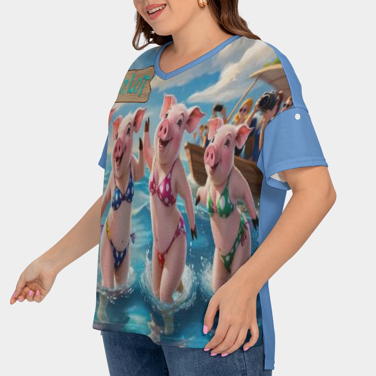 All-Over Print Women's Drop-shoulder Short Sleeve T-shirt With Sleeve Loops(Plus Size)