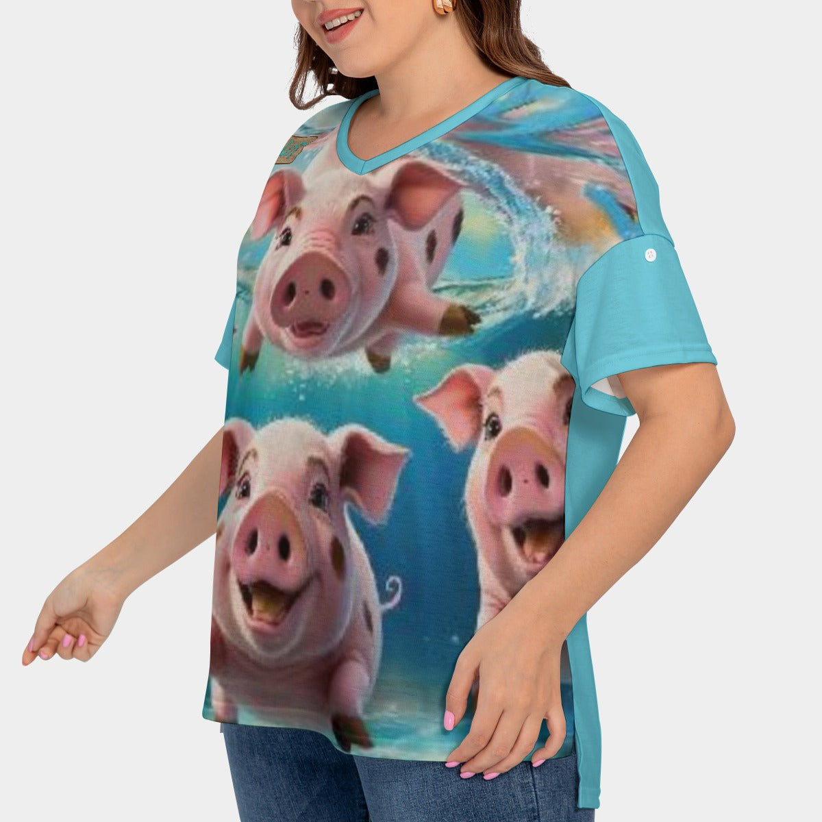All-Over Print Women's Drop-shoulder Short Sleeve T-shirt With Sleeve Loops(Plus Size)