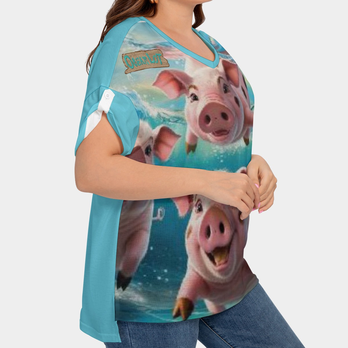 All-Over Print Women's Drop-shoulder Short Sleeve T-shirt With Sleeve Loops(Plus Size)