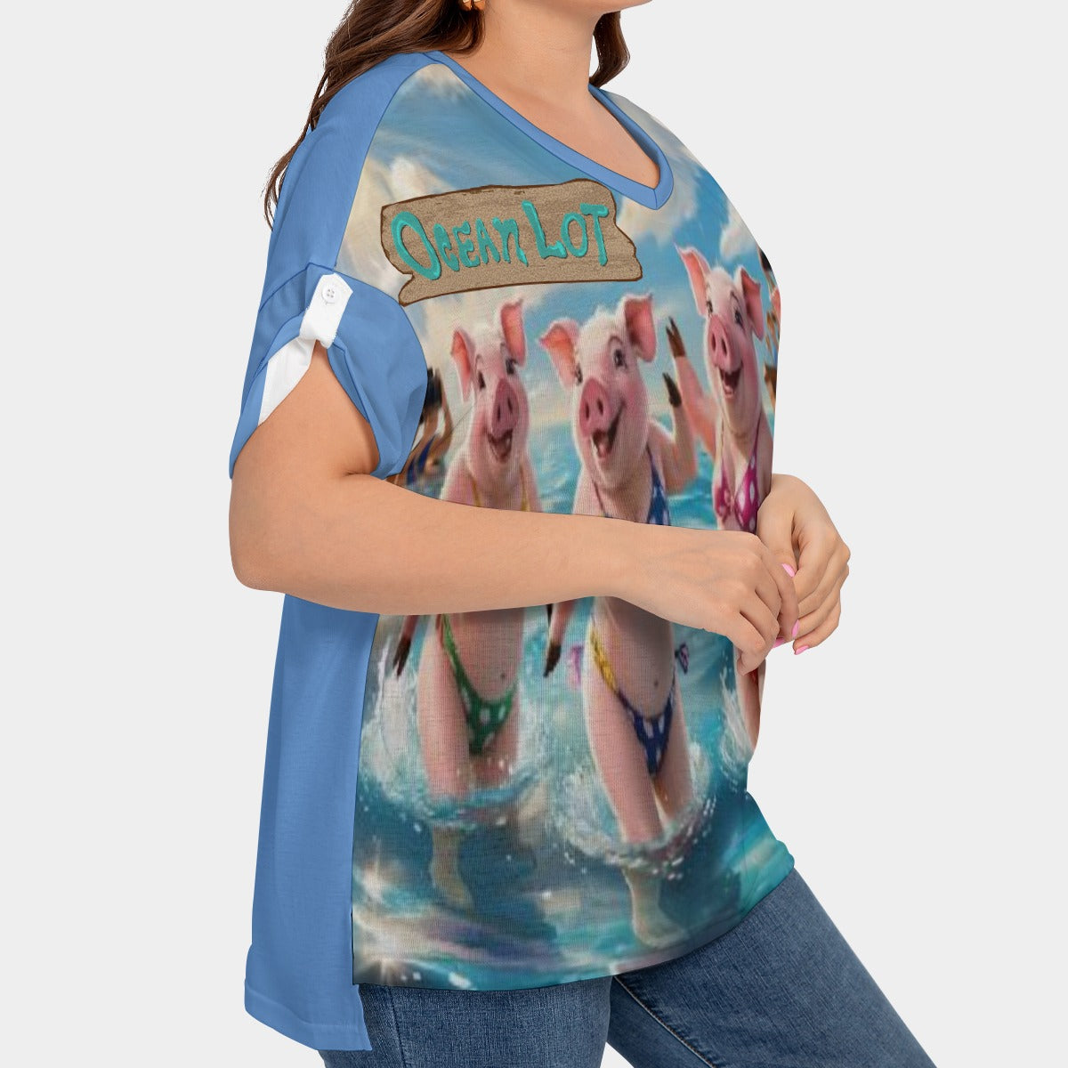 All-Over Print Women's Drop-shoulder Short Sleeve T-shirt With Sleeve Loops(Plus Size)
