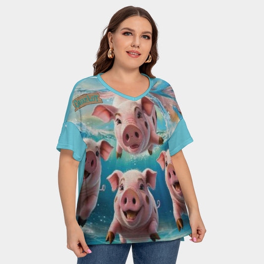 All-Over Print Women's Drop-shoulder Short Sleeve T-shirt With Sleeve Loops(Plus Size)